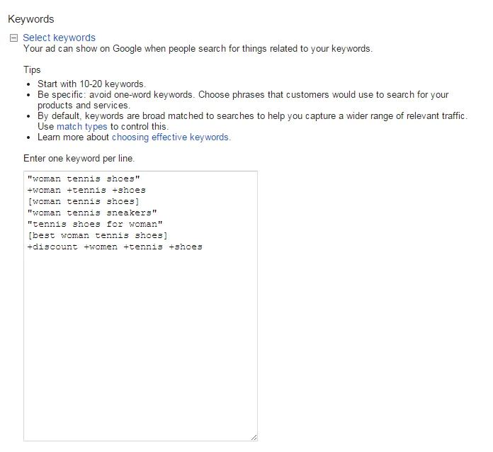 Add a list of relevant keywords to your ad group